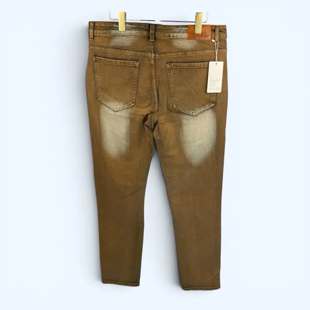 Junbaoss Men's Distressed Slim Fit Stretch Jeans Gold Black 34 (35x31.5) NWT